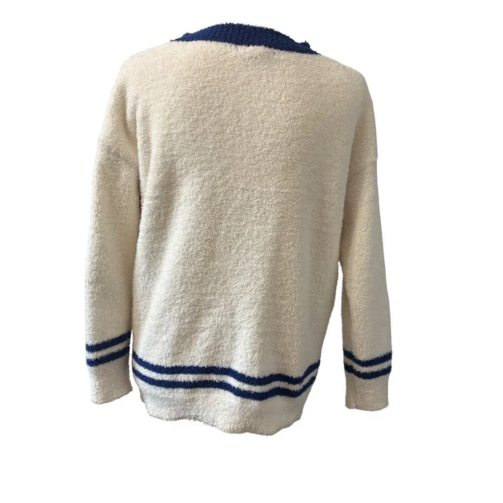 Novelty Boucle Knit Cardigan Cream/Navy Preppy Academia Sweater Forever 21 Sz S